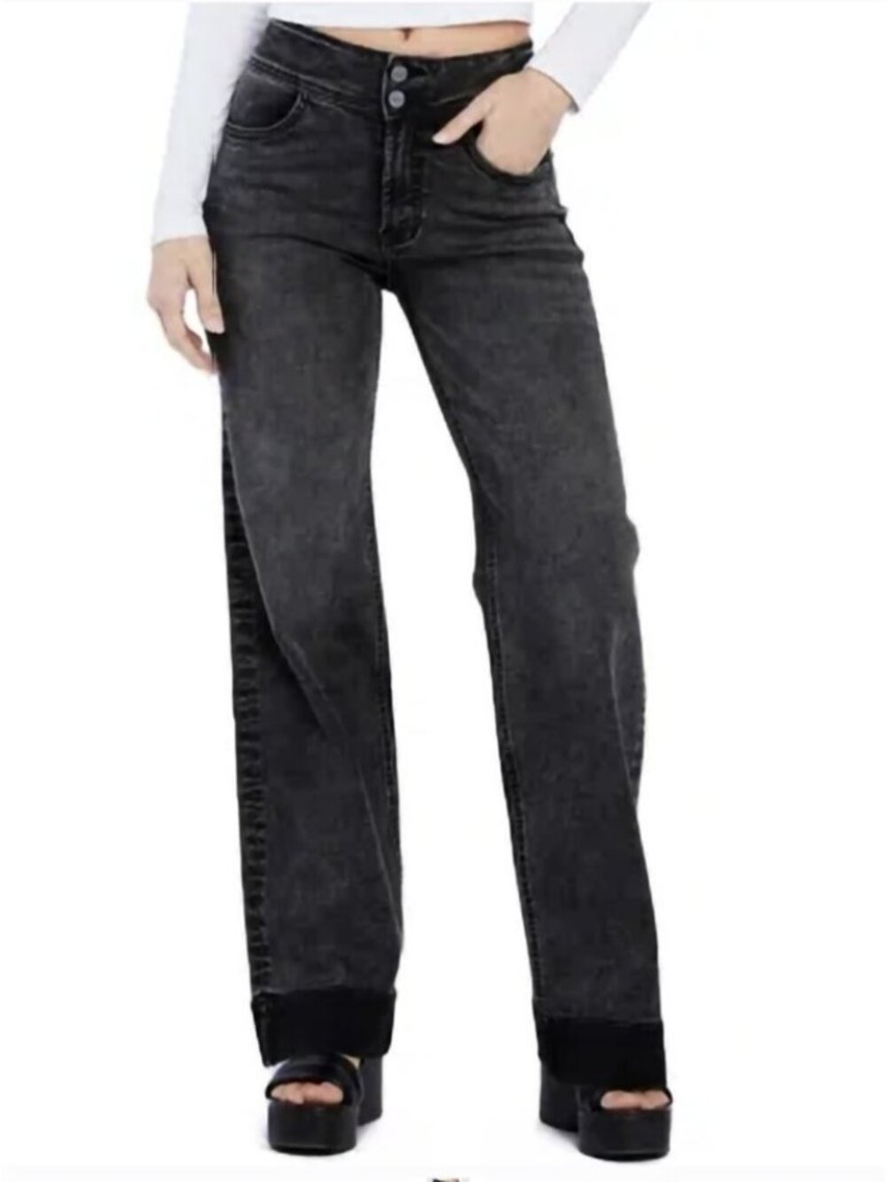 Hint of Blu womens Size 32 Black Mighty Wide Leg Jeans Stretch NEW